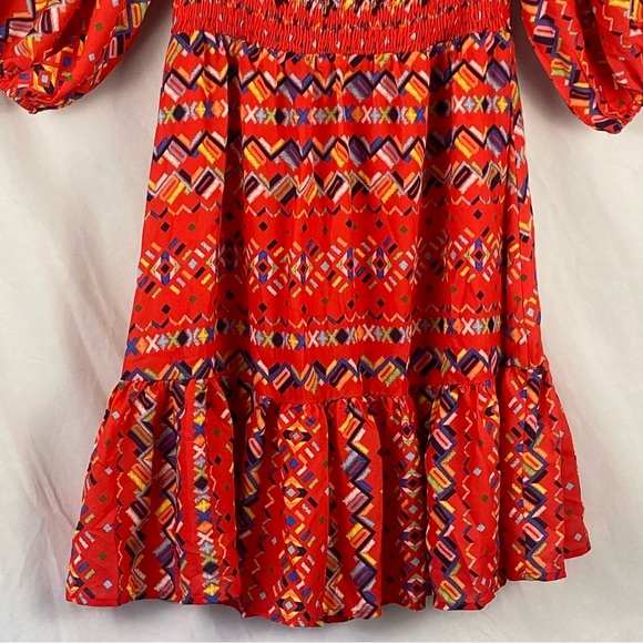 A. Calin By Flying Tomato Bohemian Smocked Tiered Bubble Puff Sleeve Dress Large - Picture 12 of 16